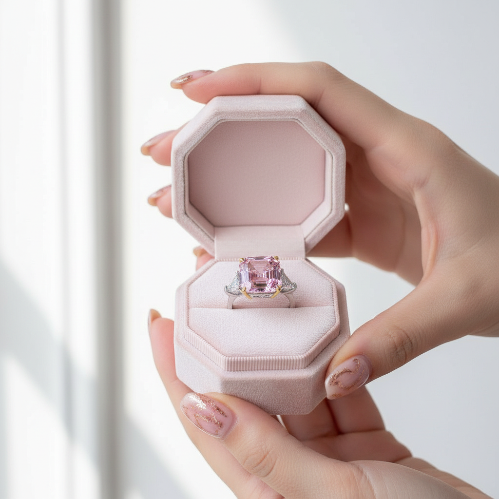 Pink Sapphire Asscher Cut and Trillion Cut Three Stone Engagement-Black Diamonds New York