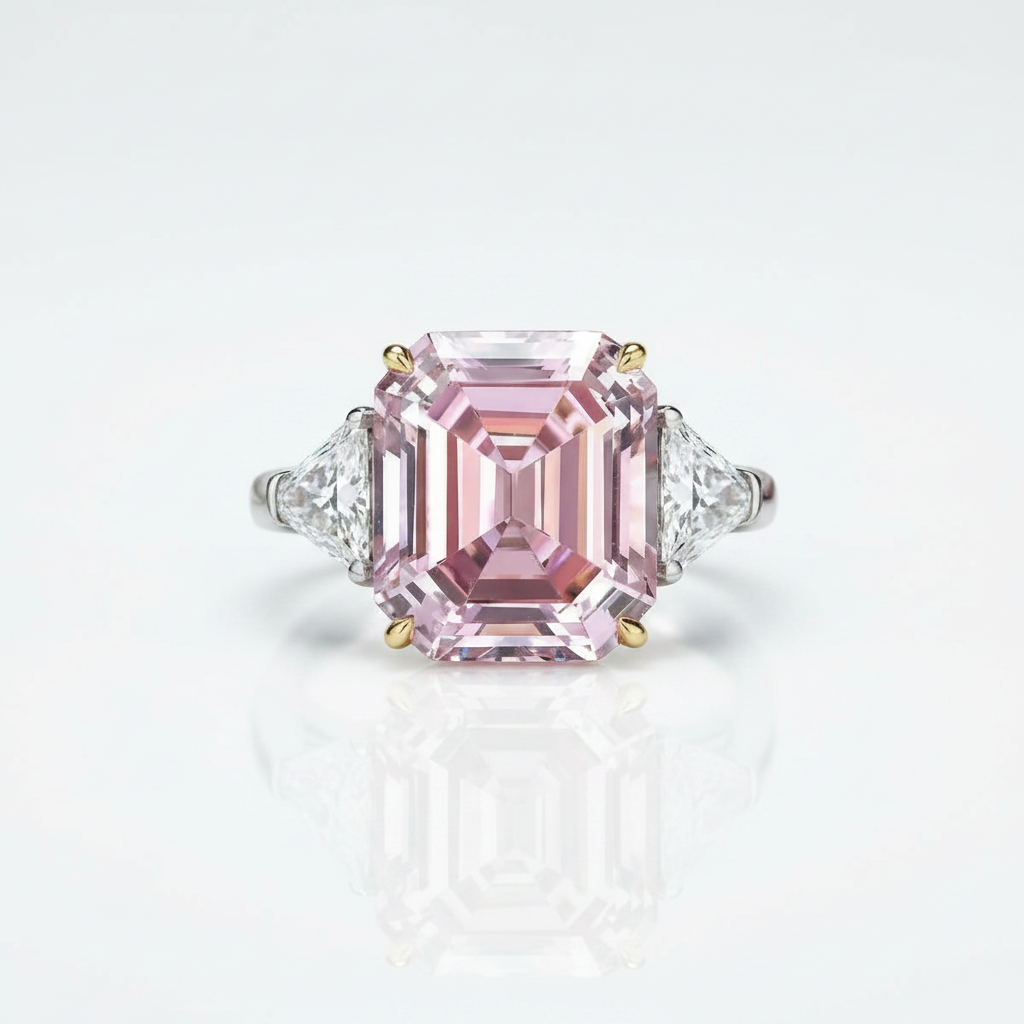 An emerald-cut pink diamond ring with triangular diamond side stones in a silver and gold setting, centered on a clean white background with a soft reflection below.