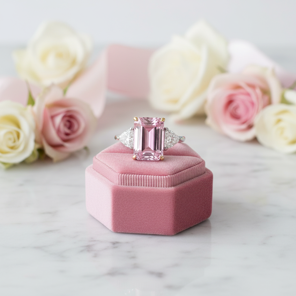 Pink Sapphire Emerald Cut Three Stone Engagement Ring-Black Diamonds New York