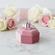 Pink Sapphire Emerald Cut Three Stone Engagement Ring-Black Diamonds New York