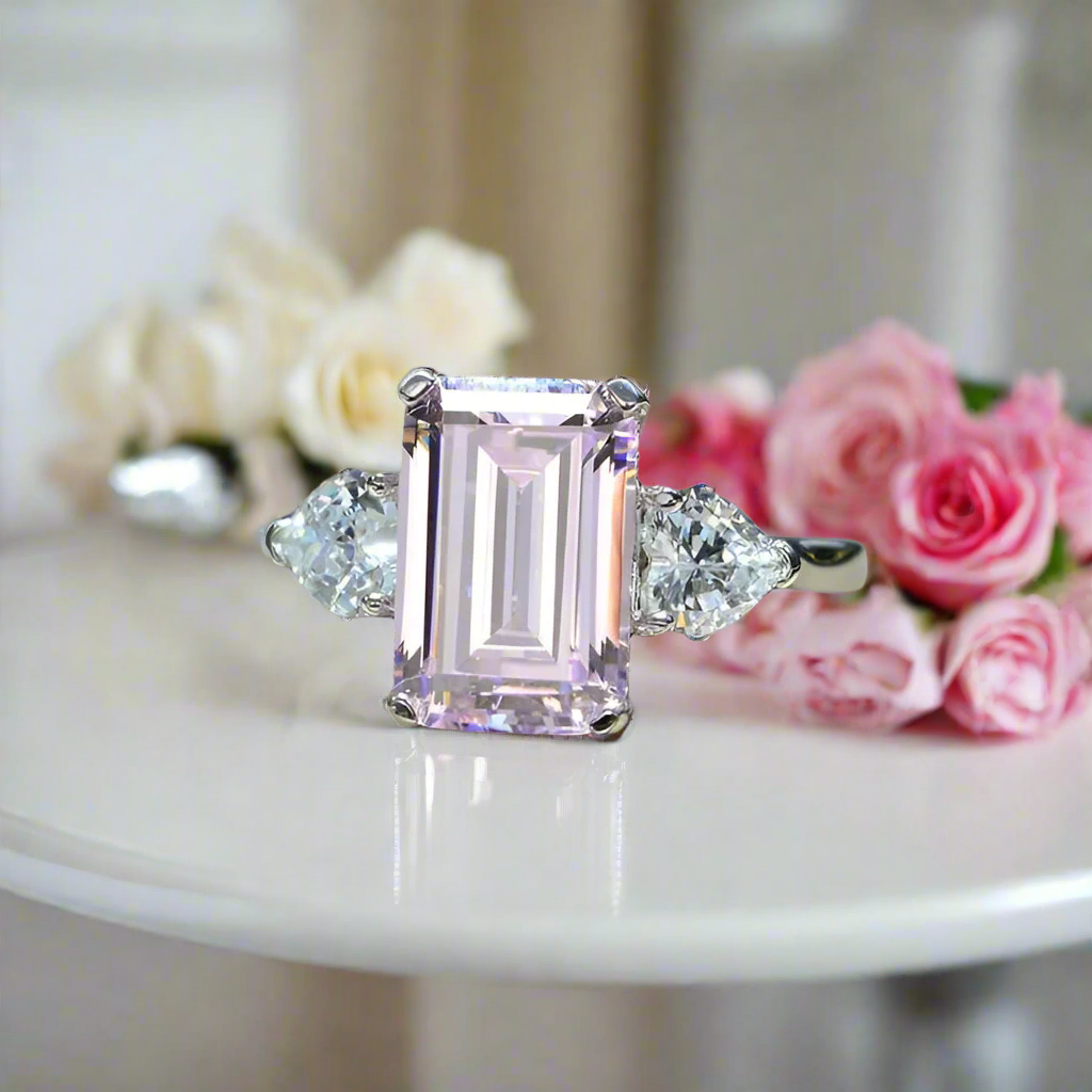 Pink Sapphire Emerald Cut Three Stone Engagement Ring – Black