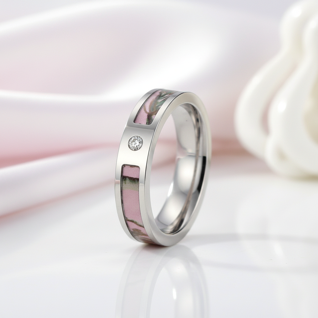 Pink Tree Camo Titanium Wedding Band with Diamond Option-Black Diamonds New York