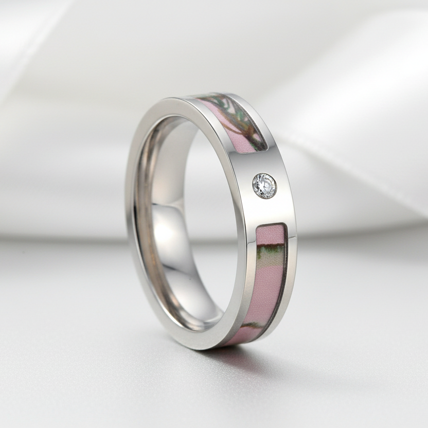 Pink Tree Camo Titanium Wedding Band with Diamond Option-Black Diamonds New York