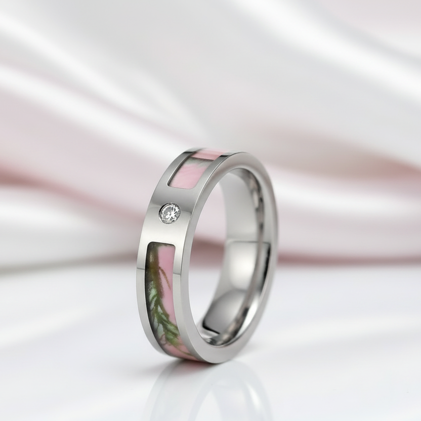 Pink Tree Camo Titanium Wedding Band with Diamond Option-Black Diamonds New York