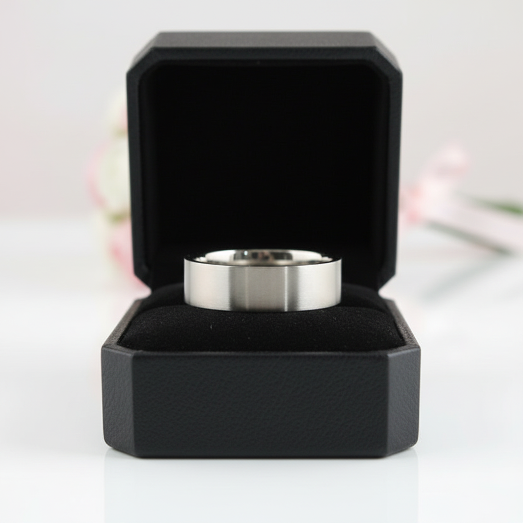 Plain Silver Color Stainless Steel Men's Ring Band-Black Diamonds New York