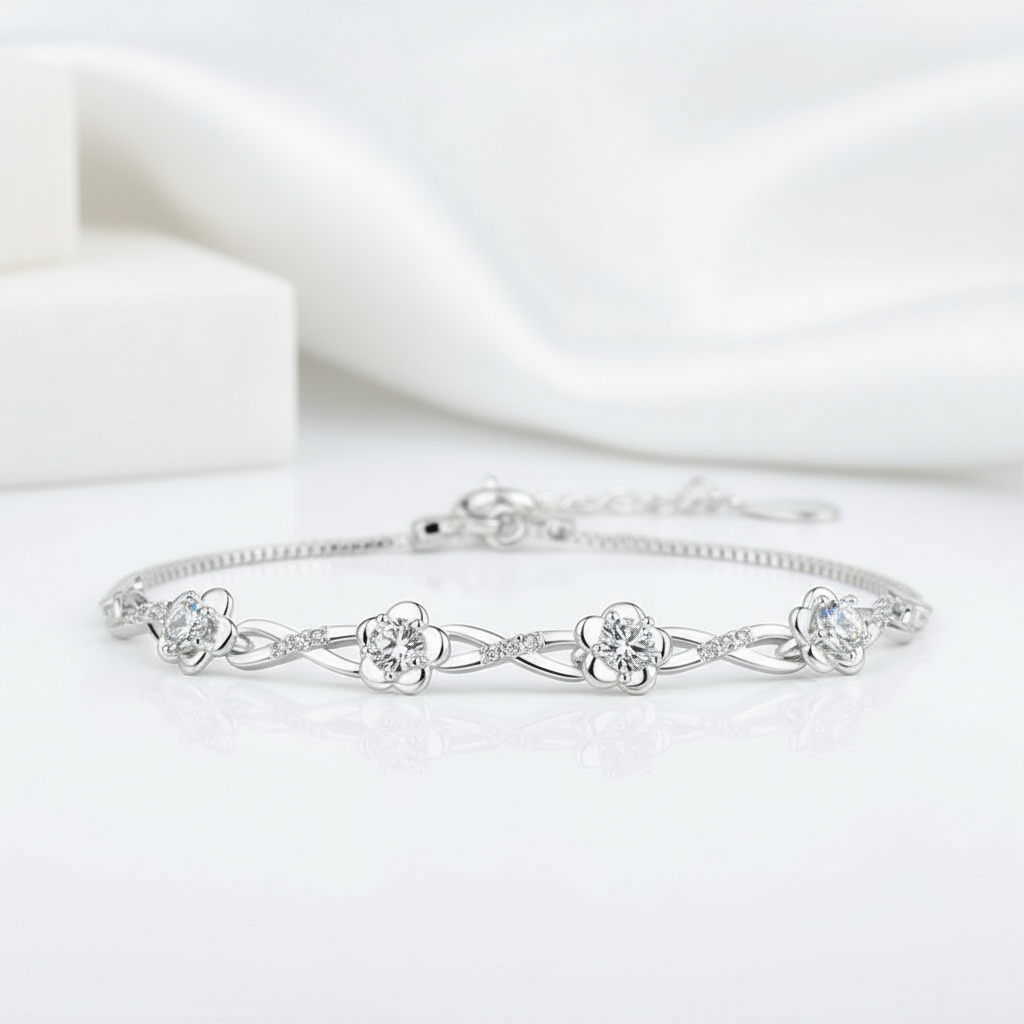 Platinum & Silver Flower Sweet Bracelet-Black Diamonds New York