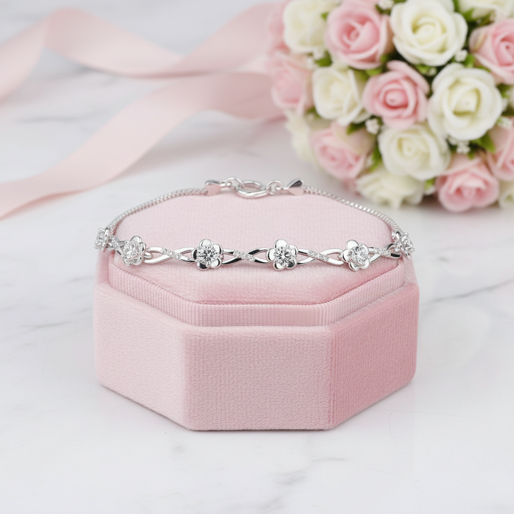 Platinum & Silver Flower Sweet Bracelet-Black Diamonds New York