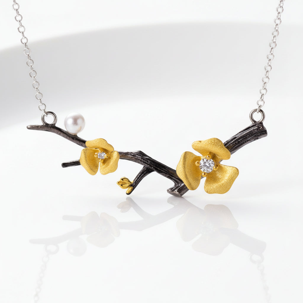 Plum Blossom Flower Necklace-Black Diamonds New York