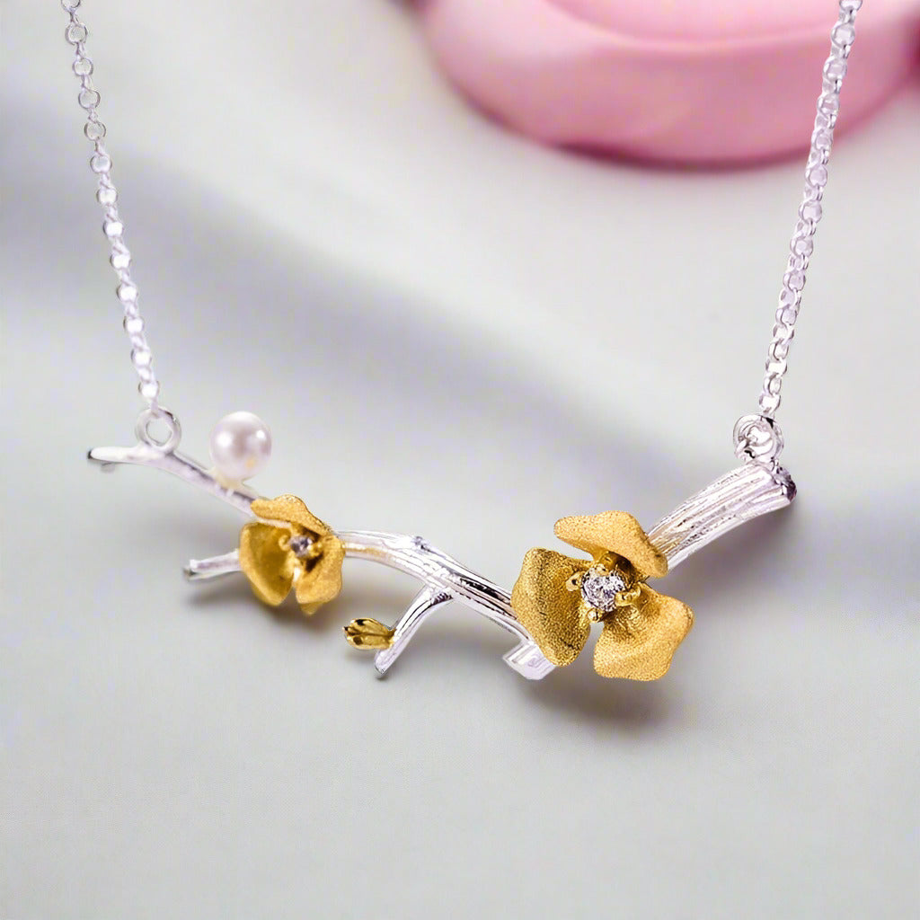 Plum Blossom Flower Necklace-Black Diamonds New York