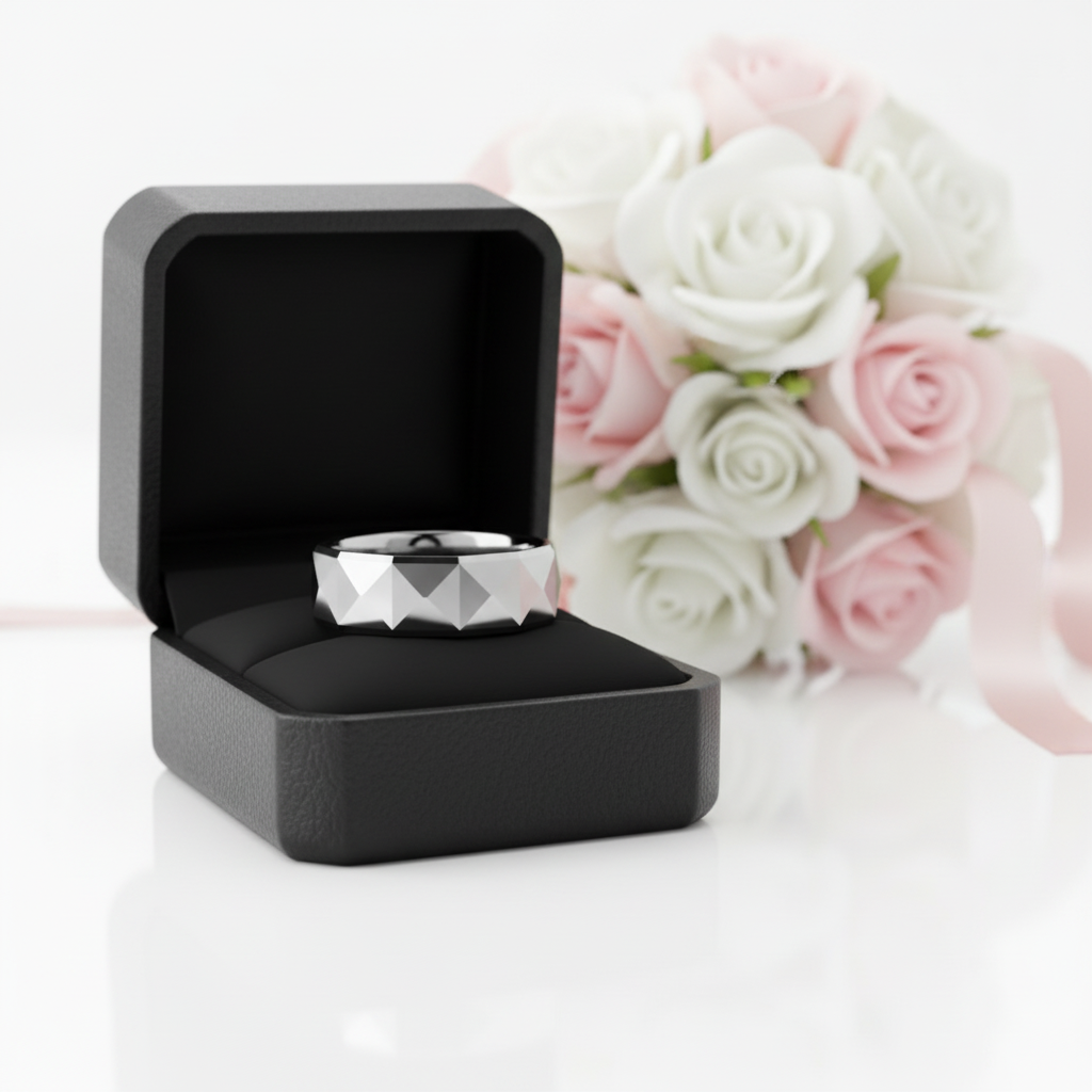 Polish Light-Reflective Tungsten Band Men's Ring-Black Diamonds New York