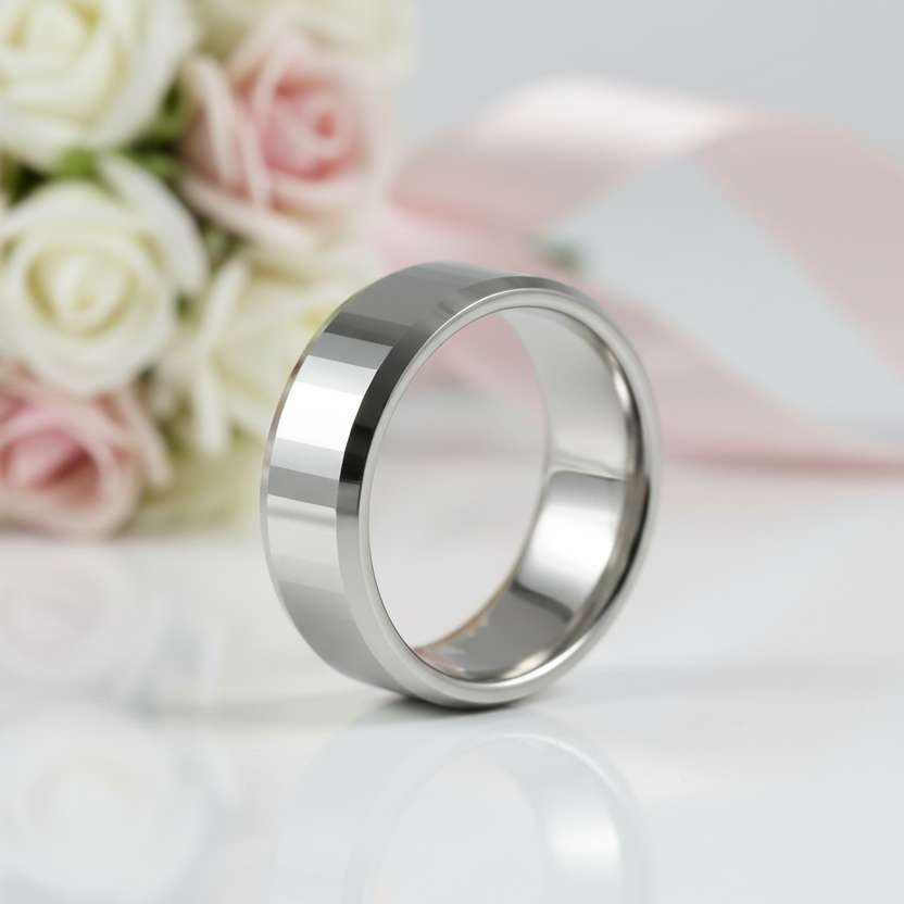 Polish Light-Reflective Tungsten Round Band Men's Ring-Black Diamonds New York