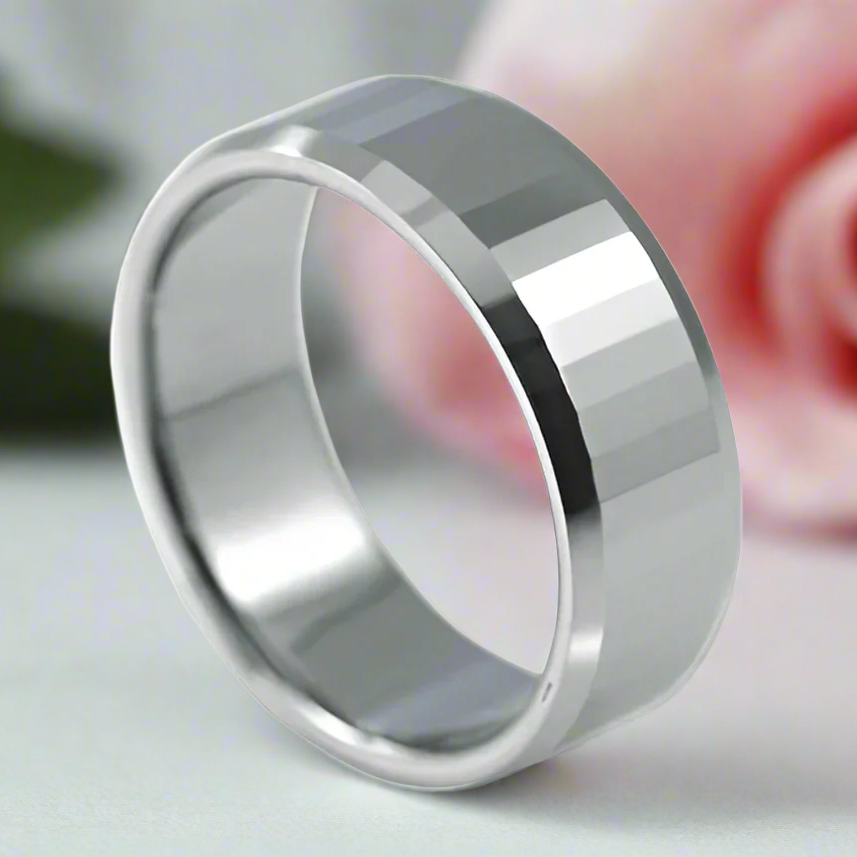 Polish Light-Reflective Tungsten Round Band Men's Ring-Black Diamonds New York