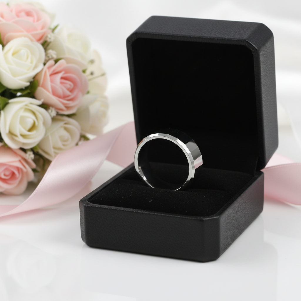 Polished Tungsten Steel Men's Band Ring-Black Diamonds New York