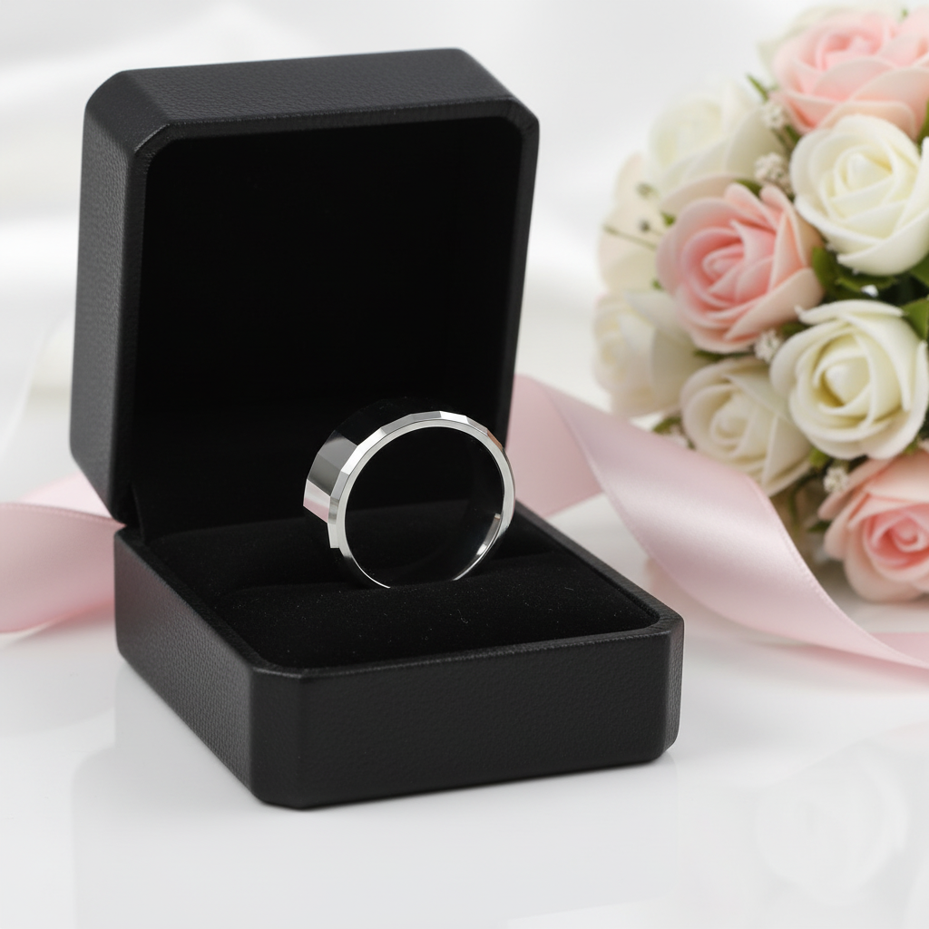 Polish Light-Reflective Tungsten Round Band Men's Ring-Black Diamonds New York