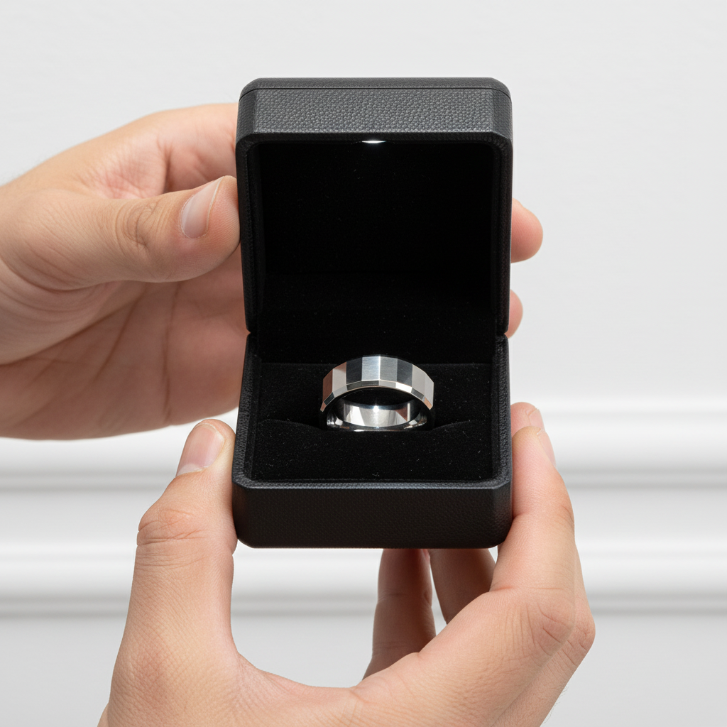 Polished Tungsten Steel Men's Band Ring-Black Diamonds New York