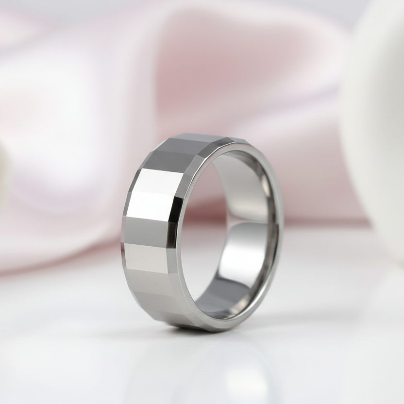 Polished Tungsten Steel Men's Band Ring-Black Diamonds New York
