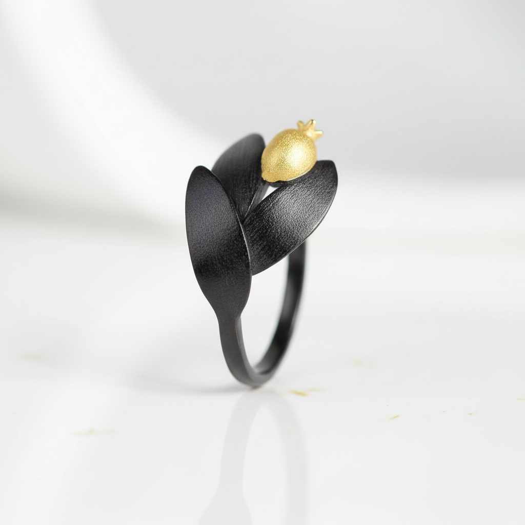 Pomegranate Fruit Leaves & Branch Adjustable Rings-Black Diamonds New York