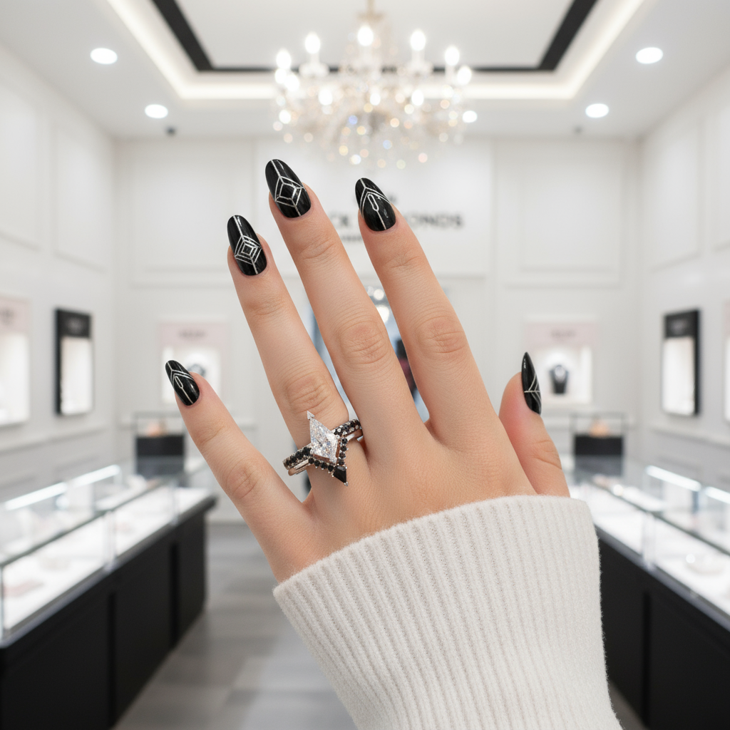 Power- Colorless Kite-Shaped Diamond 14k White Gold Unique Ring-Black Diamonds New York