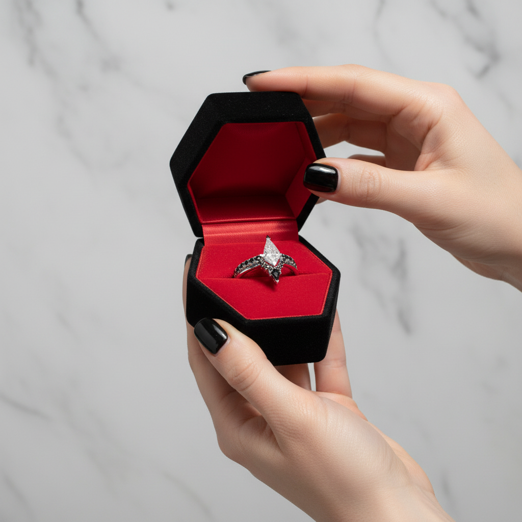 Power- Colorless Kite-Shaped Diamond 14k White Gold Unique Ring-Black Diamonds New York