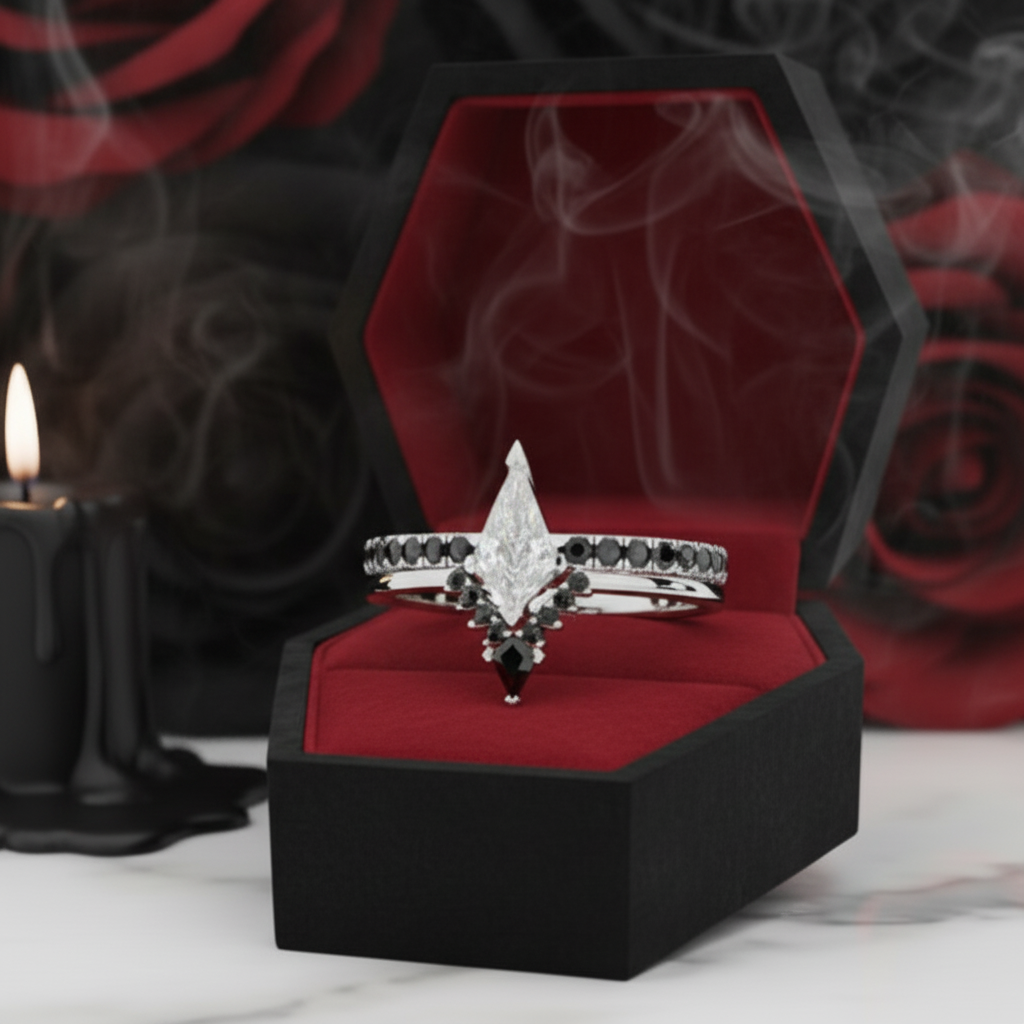 Power- Colorless Kite-Shaped Diamond Option 14k White Gold Unique Ring-Black Diamonds New York