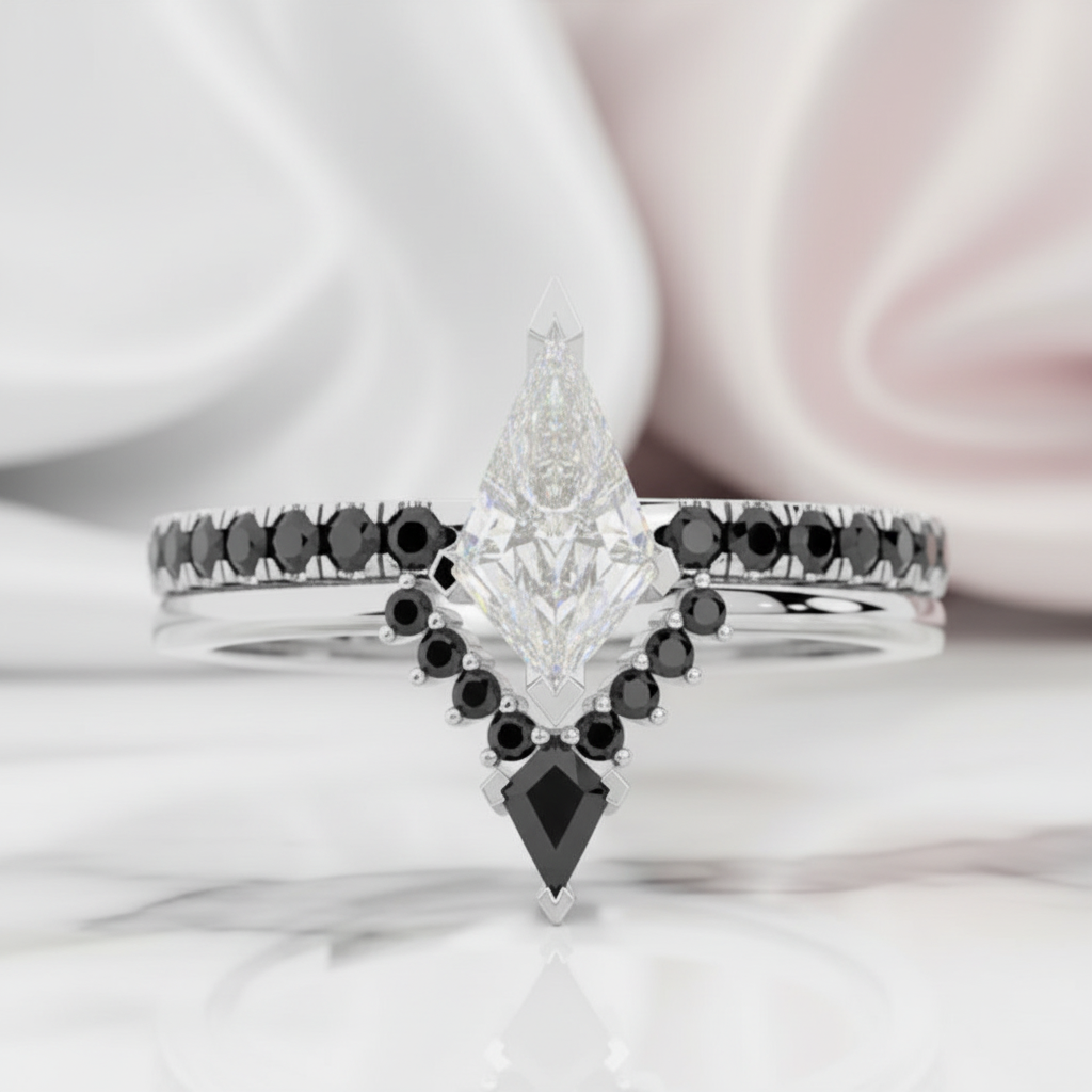 Power- Colorless Kite-Shaped Diamond Option 14k White Gold Unique Ring-Black Diamonds New York