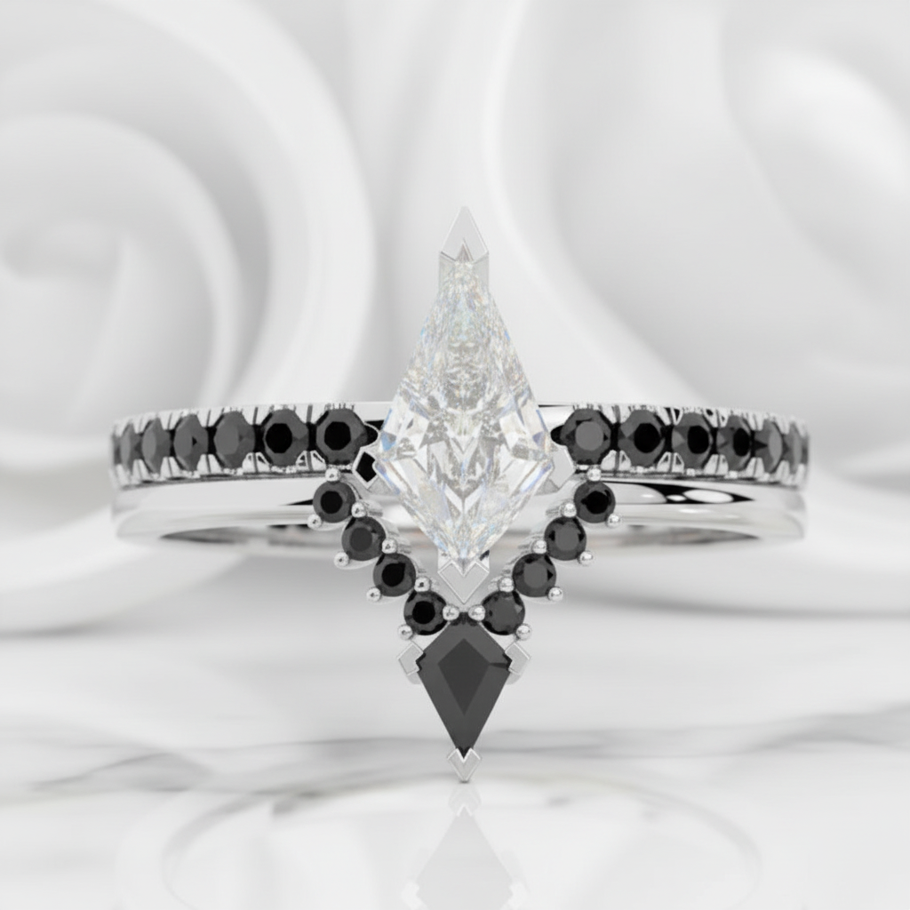 Power- Colorless Kite-Shaped Diamond Option 14k White Gold Unique Ring-Black Diamonds New York