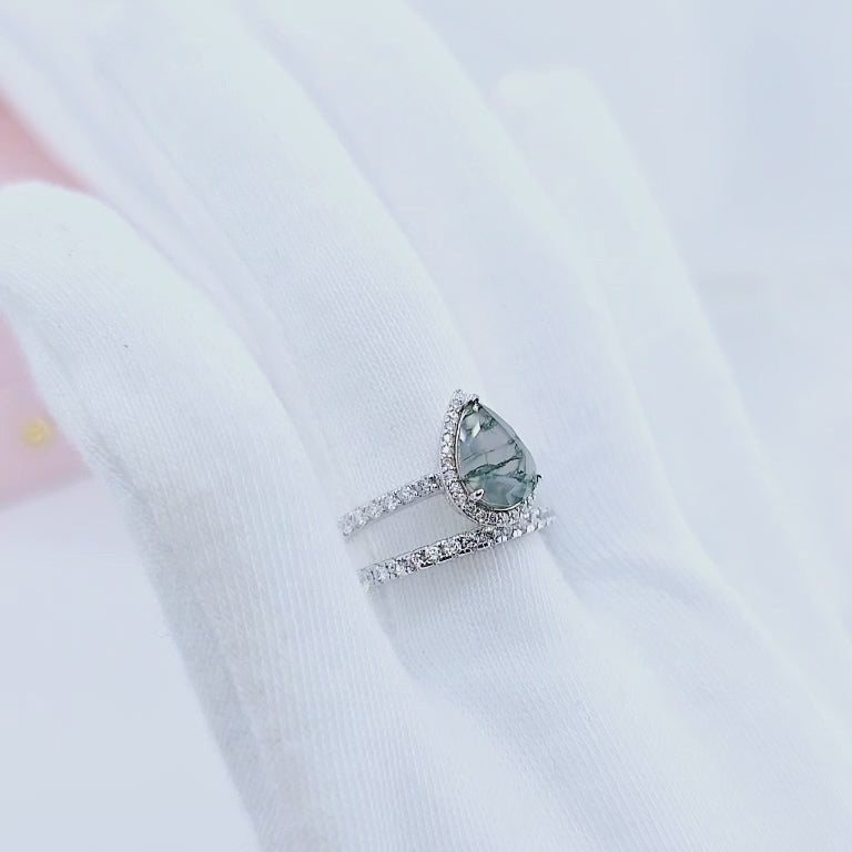 Halo Pear Cut Natural Moss Agate Wedding Ring Set