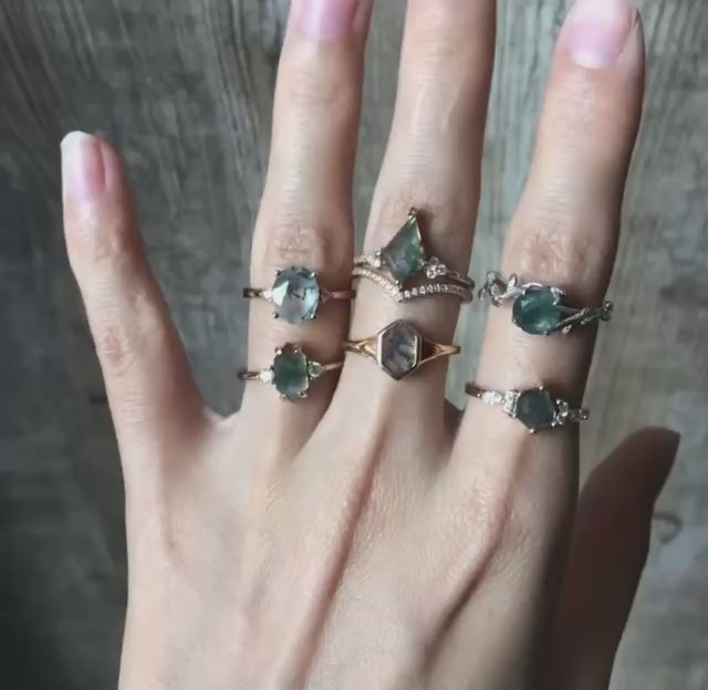 Kite Shaped Natural Moss Agate Promise Ring Set