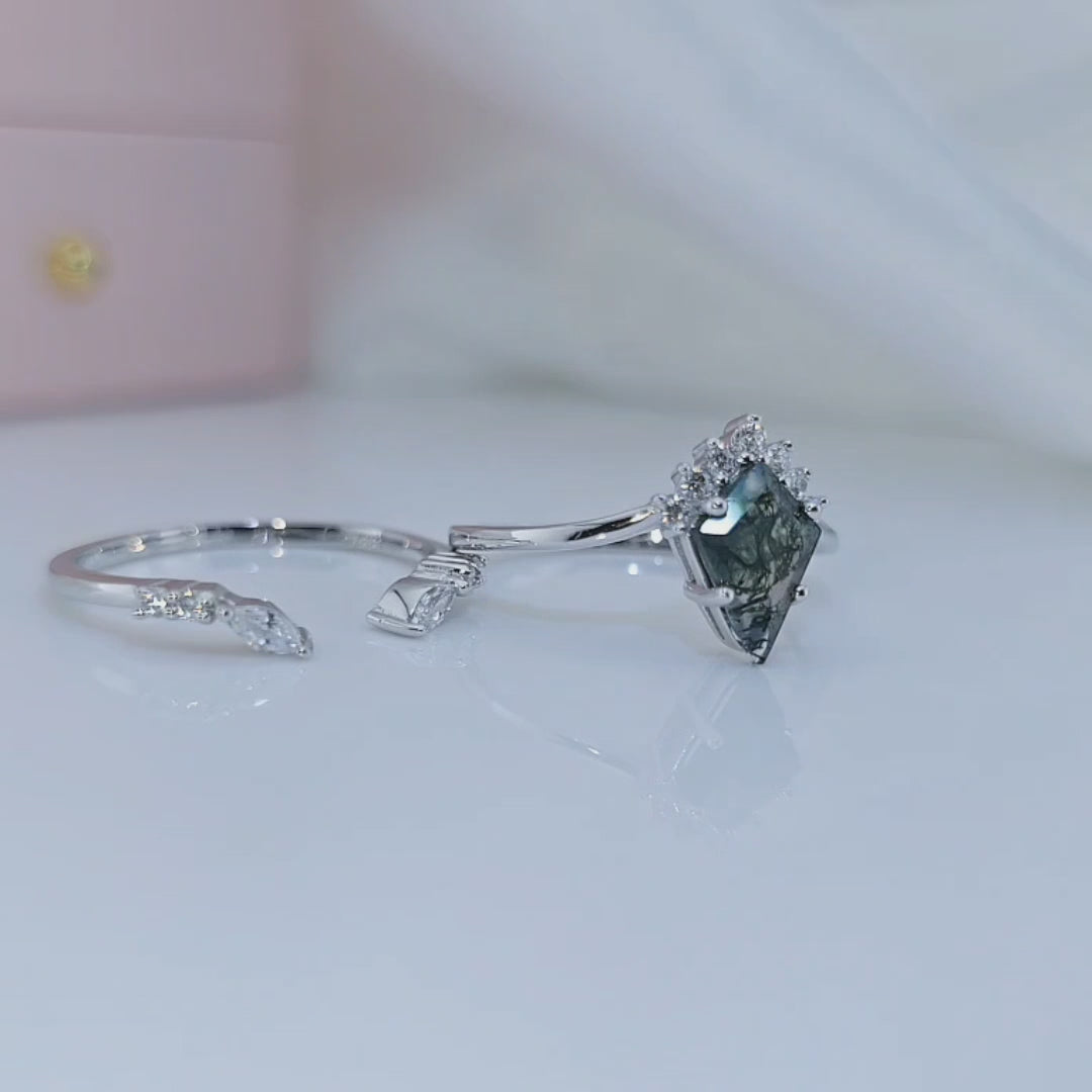 Moss Agate Rhombus Shape Engagement Ring