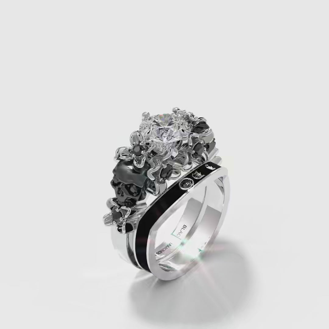 I Do Wedding Rings- 1.5ct Round Cut Diamond Skull Wedding Rings in 14k White Gold and Black Enamel