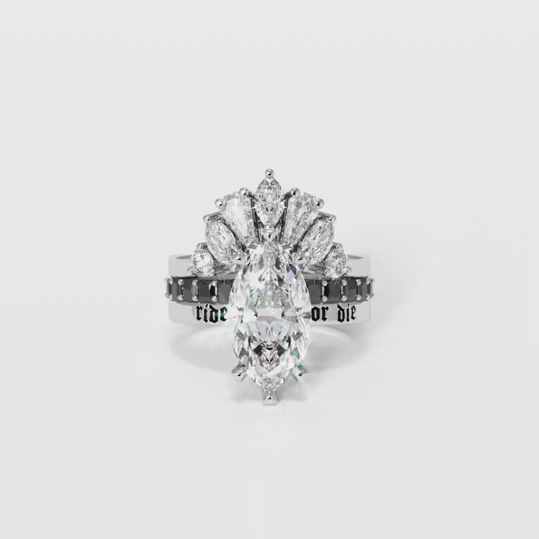 Ride or Die Wedding Rings- 2.5 Ct Marquise Cut Diamond Gothic Bridal Set in 14k White Gold