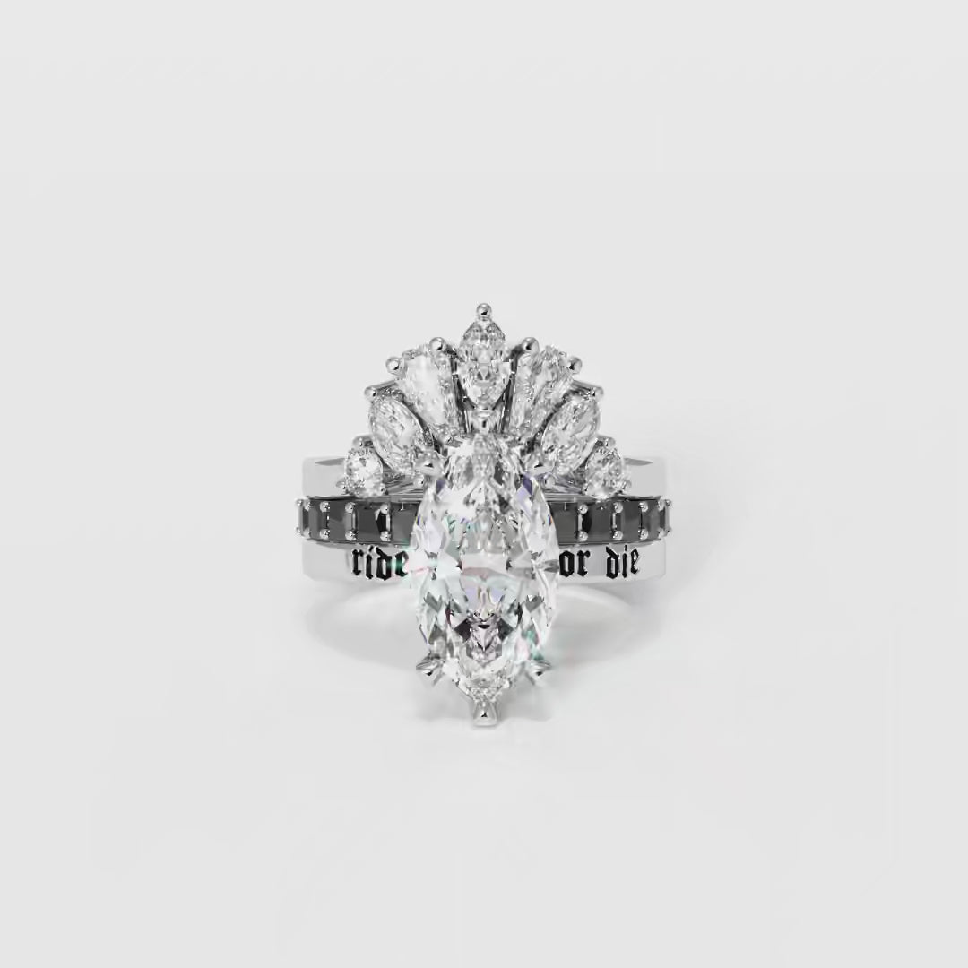 Ride or Die Wedding Rings- 2.5 ct Marquise Cut Diamond Gothic Bridal Set in 14k White Gold