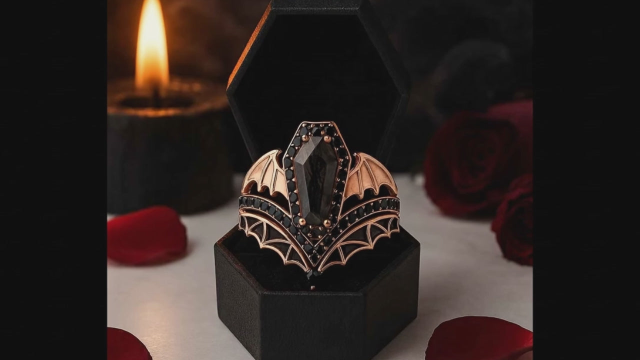 Wings Of Eternity- Coffin Cut Diamond Bat Wings Wedding Rings