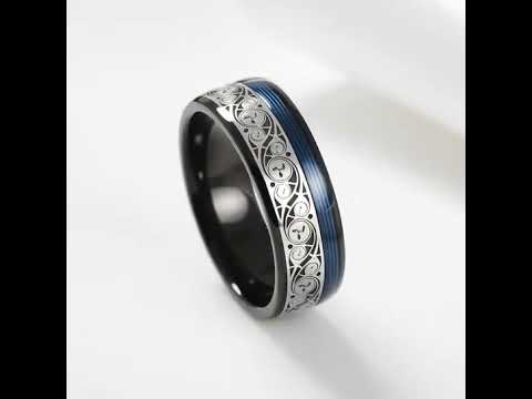 8mm Black Tungsten with Spiral Pattern & Blue Guitar String Inlay
