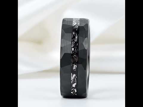 8mm Brushed Matte Black Hammered Tungsten Wedding Band with Meteorite Inlay