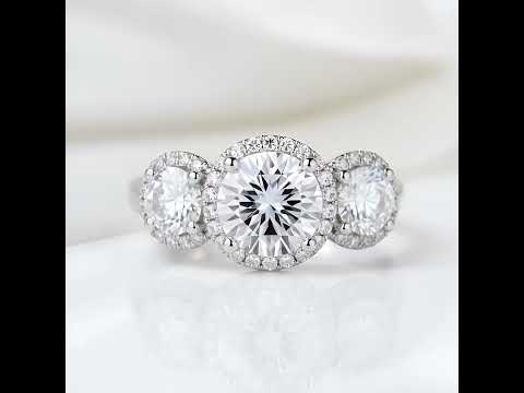 14k White Gold Diamond Three-Stone Halo Engagement Ring