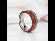 Redwood, Turquoise, and Deer Antler Inlay Tungsten Carbide Men's Ring