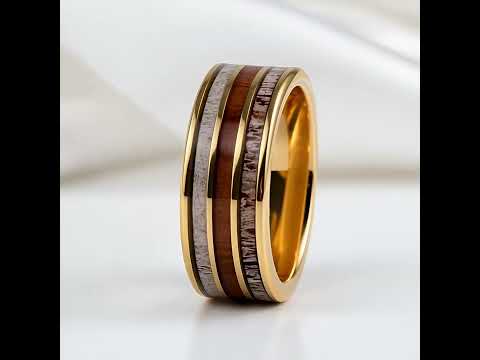 Electric Gold Inlaid Deer Antler Wood Grain Tungsten Carbide Men's Ring