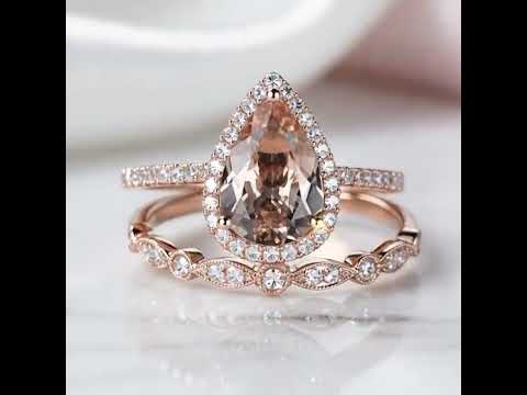 2.2ct Halo Pear Cut Synthetic Morganite Wedding Ring Set