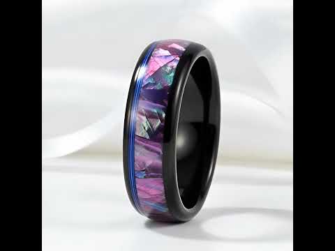 Dome Tungsten Wedding Band with Opal Abalone Shell & Blue Guitar String Inlay