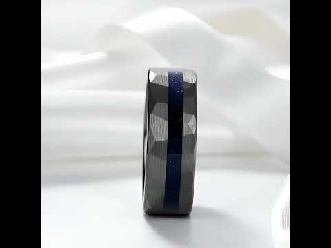 8mm Matte Black Hammered Tungsten Wedding Band with Blue Sandstone Inlay