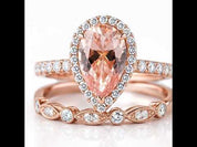 Rose Gold Halo 3.0ct Pear Cut Peachy Pink Stone Wedding Set