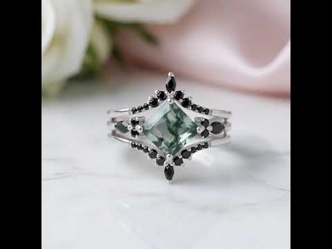 Moss Agate and Black Diamond Options Wedding Ring Set