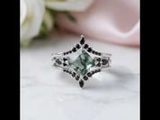 Moss Agate and Black Diamonds Wedding Ring Set