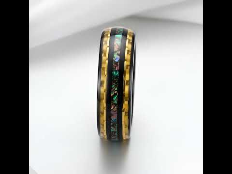 Yellow Carbon Fiber and Opal Inlaid Black Tungsten Men's Ring