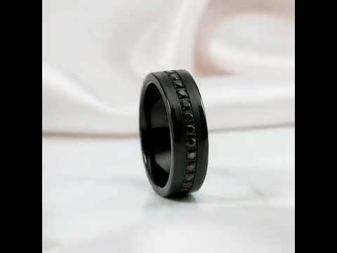 Beveled Edges Diamond Inlay Black Tungsten Men's Wedding Band