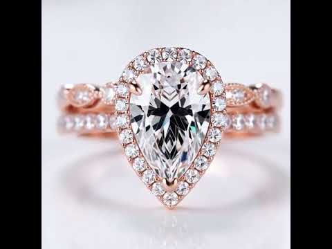 Rose Gold 2.2 Carat Halo Pear Cut White Sapphire Ring Set