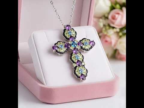 Natural Topaz and Amethyst Gemstone Cross Pendant Necklace