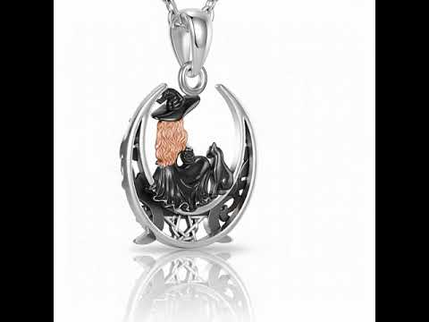 Black Cat and Witch Crescent Moon Pendant Necklace