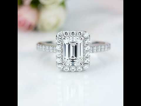 14k White Gold 1.0 Ct Emerald Cut Diamond Option Halo Engagement Ring